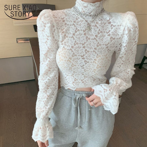 2023 Spring Casual Floral Women Shirt Sexy Puff Sleeve Lace White Blouse Shirts Turtleneck Short Corset Top Blusas 12710