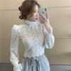 2023 Spring Casual Women Sexy Shirt Floral Puff Sleeve Lace White Blouse Shirts Turtleneck Short Corset Top Blusas 12710