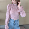 2023 Spring Casual Women Sexy Shirt Floral Puff Sleeve Lace White Blouse Shirts Turtleneck Short Corset Top Blusas 12710