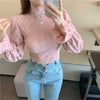 2023 Spring Casual Women Sexy Shirt Floral Puff Sleeve Lace White Blouse Shirts Turtleneck Short Corset Top Blusas 12710