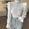 2023 Spring Casual Women Sexy Shirt Floral Puff Sleeve Lace White Blouse Shirts Turtleneck Short Corset Top Blusas 12710