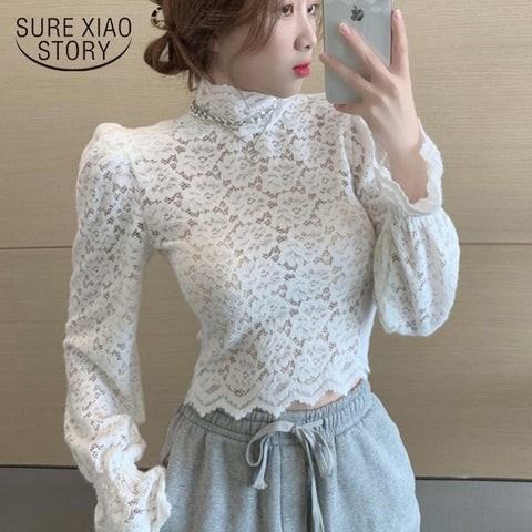 2023 Spring Casual Women Sexy Shirt Floral Puff Sleeve Lace White Blouse Shirts Turtleneck Short Corset Top Blusas 12710