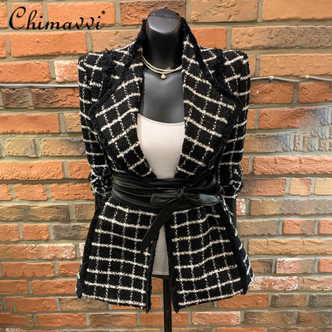 2023 Spring Ladies Lapel Long-sleeved Tweed Plaid Ladies Suit Jacket Lace-up Waist Woolen Blazers