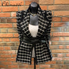 2023 Spring Ladies Lapel Long-sleeved Tweed Plaid Ladies Suit Jacket Lace-up Waist Woolen Blazers