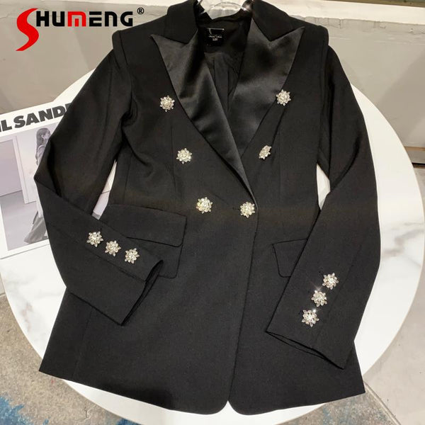 2023 Spring Slim-Fit Satin Blazer Coat Women's Rhinestone Double Buckle Lapel Suit Jacket Female Outwear