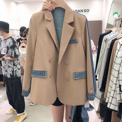 2022 Spring Long-sleeved Denim Splicing Jacket Large Size Trend Ladies Casual Overcoat Khaki Blazer Suits Outwear