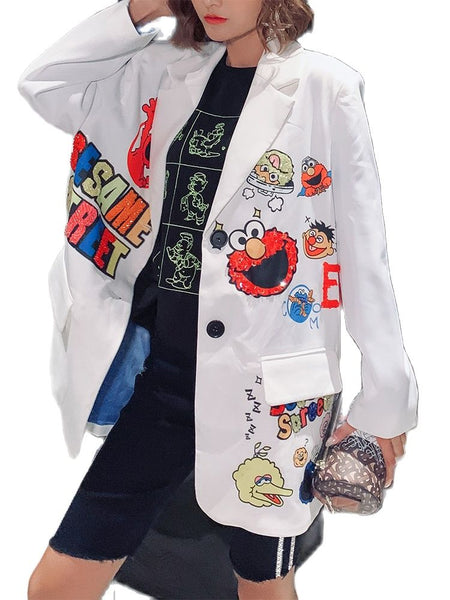 2023 Spring White Green Suit Blazer Women Sequined Outerwear Cartoon Suit Jacket Coat Female BF Clothing LT763S30