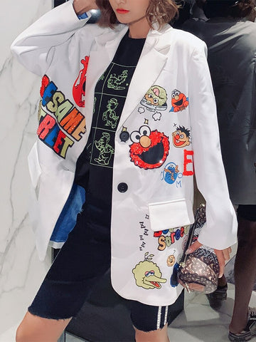 2022 Spring White Green Suit Blazer Women Sequined Outerwear Cartoon Suit Jacket Coat Female BF Clothing LT763S30