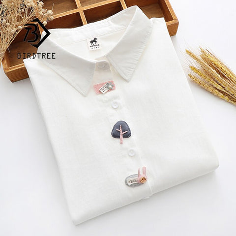 2023 Spring Women Casual Appliques Cotton White Shirt Long Sleeve Short Blouse Autumn Solid Cute Sweet Girl Tops T0D001F