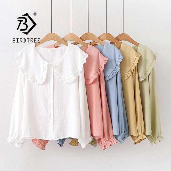 2023 Spring Women Peter Pan Collar Transparent White Shirt Lantern Sleeve Blouse Summer Solid Sweet Cute Girls Tops T0D011F