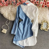 2022 Spring Women's Irregular Denim Patchwork Long-Sleeved Shirt Dress White And Blue Casual Temperament Dress