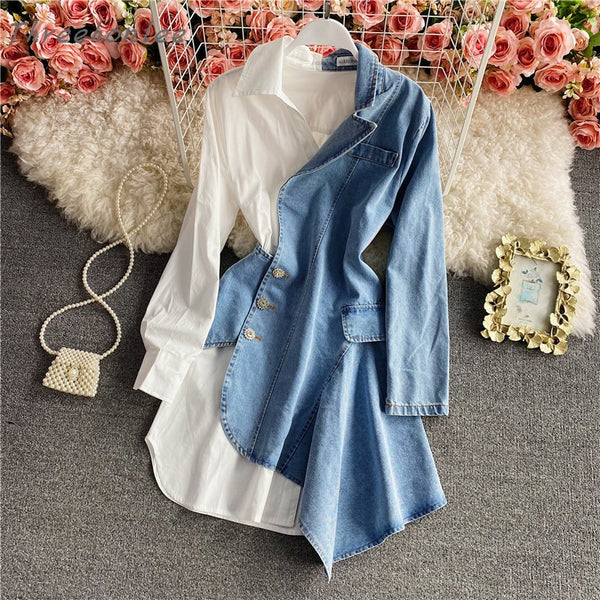 2022 Spring Women's Irregular Denim Patchwork Long-Sleeved Shirt Dress White And Blue Casual Temperament Dress