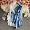 2022 Spring Women's Irregular Denim Patchwork Long-Sleeved Shirt Dress White And Blue Casual Temperament Dress