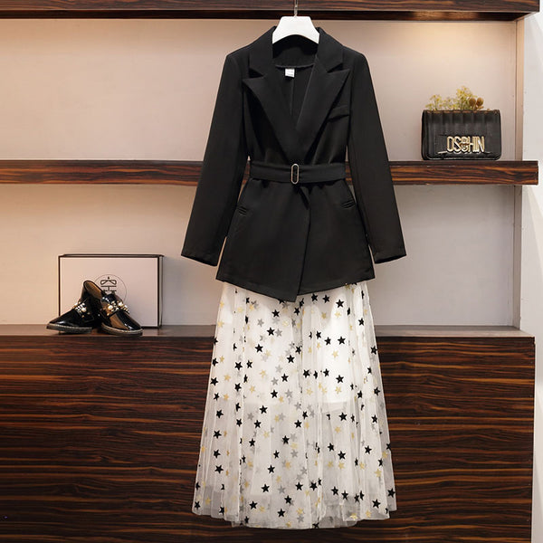 2022 Spring Plus Size 2 Piece Set Women Suit Blazer and Skirt Korean Long Sleeve Black White Matching Outfits Female Skirt Suits