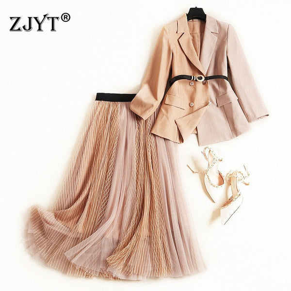 2022 Spring Runway Designer Office Lady Two Piece Outfit Notched Blazer and Mid Mesh Skirt Suit Matching Set Party Twinset