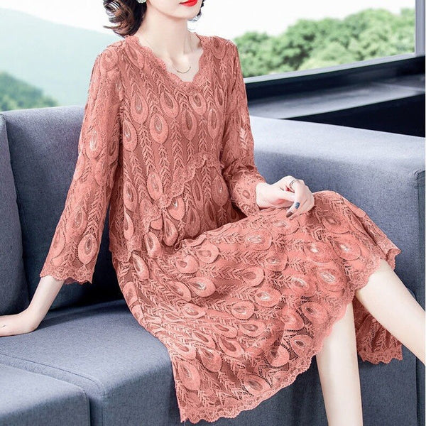 2022 Spring Summer Plus Size V-neck Mesh Embroidered Dresses Sweet High Waist Long Dress Vestidos  Y857