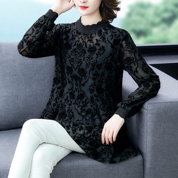 2023 Spring Summer Women Lace Blouses Shirts Female Casual Long Transparent Sleeve Stand Collar Tops Plus 5XL Feminine Blusas