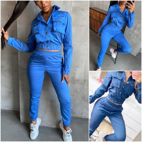 2023 Spring Turn Down Collar Solid Long Sleeve Denim Shirts Crop Top Pants Tracksuit Female Sportswear Women Two Pieces Suit Set