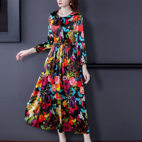 2022 Spring Vintage Loose 4XL Plus Size Midi Women Dress Boho Floral Mulberry Silk Long Sleeve Maxi Dress Elegant Party Vestidos