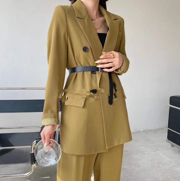 2022 Spring Women Blazer Suits Double Breasted Blazer+Pant Two Pieces Female OL Style Sets
