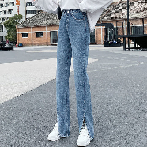 2022 Spring Women Jeans Black Flare Pants Front Side Slit Leg High Waisted Bell Bottom Jeans Full Length Denim Clothes