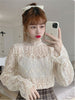 2023 Spring Women Transparent Turtleneck Tee Shirts Blouses Girls Full Flare Sleeve Sexy Lace Tops Shirts For Female