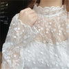 2023 Spring Women Transparent Turtleneck Tee Shirts Blouses Girls Full Flare Sleeve Sexy Lace Tops Shirts For Female