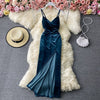 2022 Spring Women Velvet Suspender Bra Dress Slim Show Atmosphere Celebrity Temperament Split Virtual Party Clothing