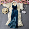 2022 Spring Women Velvet Suspender Bra Dress Slim Show Atmosphere Celebrity Temperament Split Virtual Party Clothing