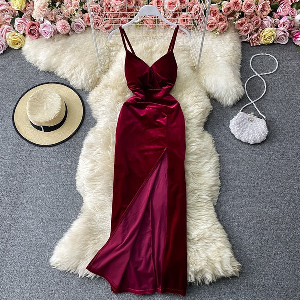 2022 Spring Women Velvet Suspender Bra Dress Slim Show Atmosphere Celebrity Temperament Split Virtual Party Clothing