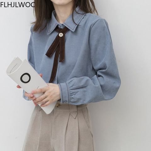 2023 Spring Women's Chic Cute Bow TIe Tops Preppy Style Vintage Japaneses Korea Design Button Elegant Formal Shirts Blouses