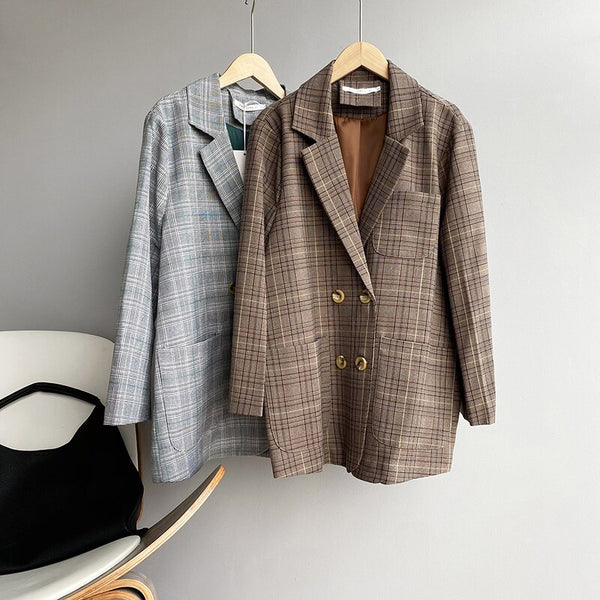 2023 Spring Women's Jacket Autumn Retro Plaid Double-Breasted Lady Suit Korea Slim Long Sleeve  Female Coat Casual Blazers