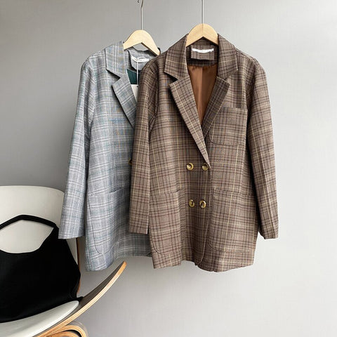 2023 Spring Women's Jacket Autumn Retro Plaid Double-Breasted Lady Suit Korea Slim Long Sleeve  Female Coat Casual Blazers