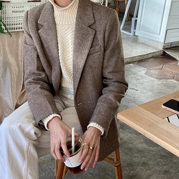 2023 Spring and Autumn Herringbone Suit Wool Blended Straight Double Pocket Jacket Women Blazer