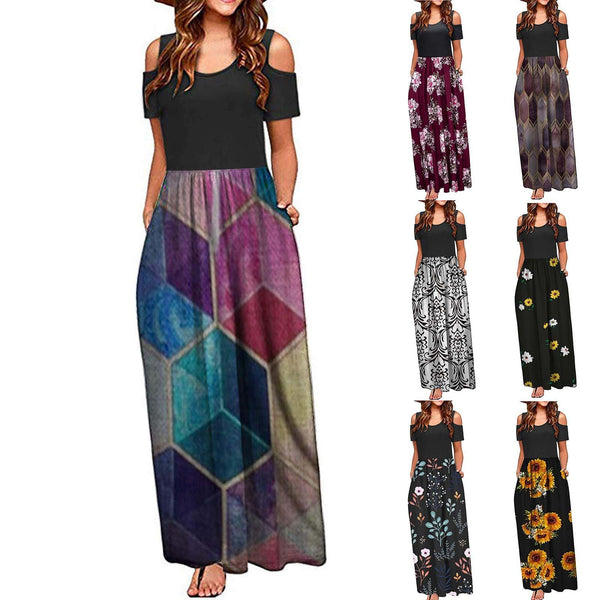 Spring and Autumn  Leisure  Printed Long Skirt Women's Off Shoulder Temperament Slim Dress
