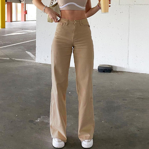 2022 Straight Baggy Pants Solid Khaki Jeans for Women Pockets High Waisted Mom Jeans Streetwear Black White Brown
