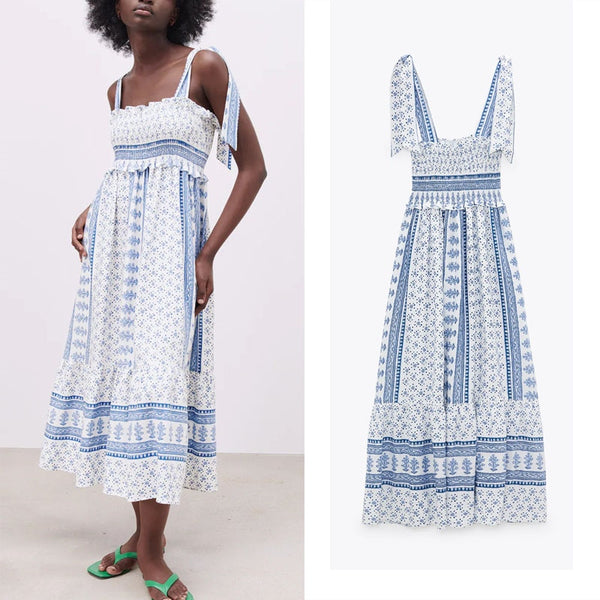 2022  Straps Print Summer Dress Women Backless Pleated Party  Wom Vintage Ruffle Midi Dresses Dress Woman Straps Top Mujer top t