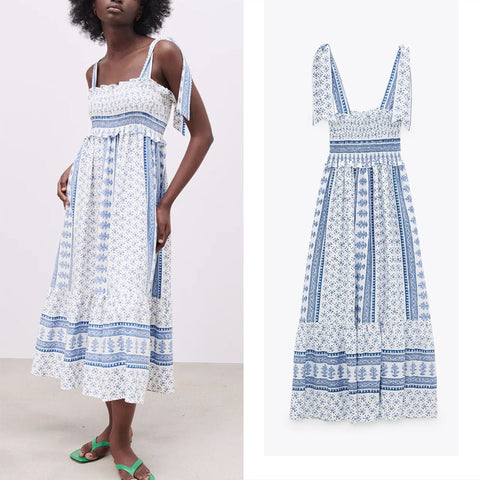 2022  Straps Print Summer Dress Women Backless Pleated Party  Wom Vintage Ruffle Midi Dresses Dress Woman Straps Top Mujer top t