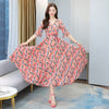2023 Summer Beach Boho Maxi Dress for Women V-neck Pink Floral Printed Short Sleeve Women Chiffon Long Dresses Party Vestidos