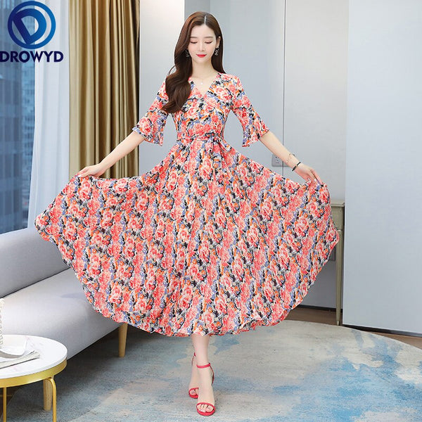 2023 Summer Beach Boho Maxi Dress for Women V-neck Pink Floral Printed Short Sleeve Women Chiffon Long Dresses Party Vestidos