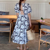 2022 Summer Beach Resort Style Bubble Sleeve care machine design large open back leaf print dress