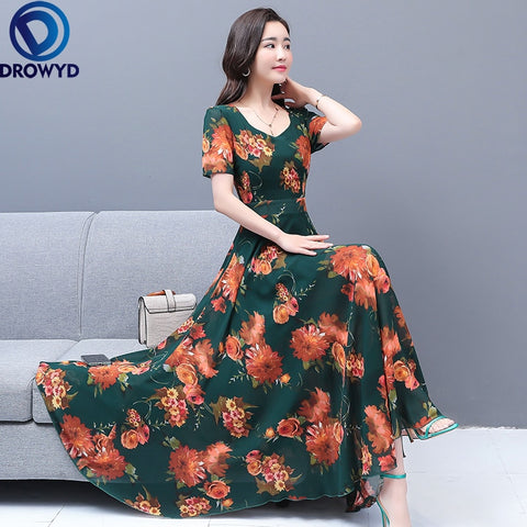 2022 Summer Beach Vacation Floral Chiffon Maxi Dress Vintage Print V-neck Sweet Midi Dress Elegant Women Bodycon Party Vestidos