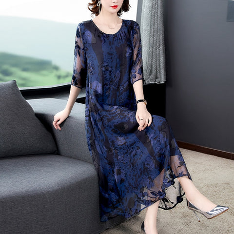2022 Summer Blue Jacquard Mulberry Silk Maxi Dress Spring Casual Loose 3XL Plus Size Midi Dress Elegant Bodycon Party Vestidos