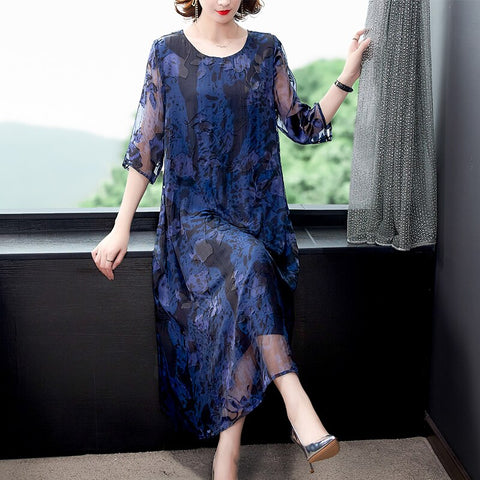 2022 Summer Blue Jacquard Mulberry Silk Maxi Dress Spring Casual Loose 3XL Plus Size Midi Dress Elegant Bodycon Party Vestidos