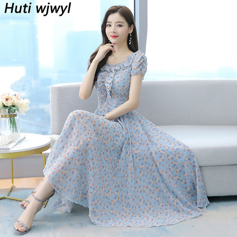 2022 Summer Bodycon Print Chiffon Boho Beach Maxi Dress Women Vintage Floral 4XL Plus Size Midi Sundress Elegant Party Vestidos
