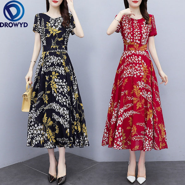 2022 Summer Boho Beach Maxi Dress for Women  Vacation Print O-neck Short Sleeve Dress Elegant Red Floral Chiffon Vestidos