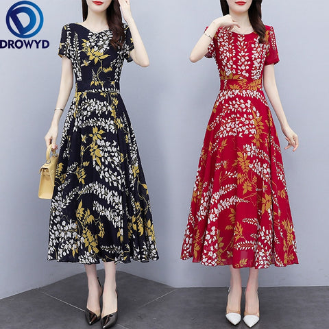 2022 Summer Boho Beach Maxi Dress for Women  Vacation Print O-neck Short Sleeve Dress Elegant Red Floral Chiffon Vestidos