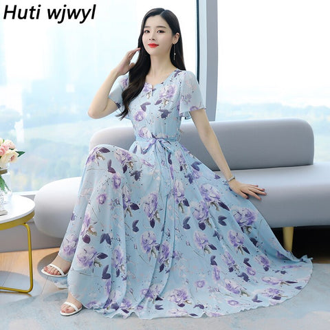 2022 Summer Boho Floral Chiffon Beach Vacation Dress Women Vintage 4XL Plus Size Casual Maxi Dress Bodycon Elegant Party Vestido