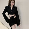 2022 Summer Casual Party Skirt Suits Woman Korean Y2k Elegant Two Piece Set Black Long Sleeve Coat Hollow Out Mini Skirt