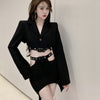 2022 Summer Casual Party Skirt Suits Woman Korean Y2k Elegant Two Piece Set Black Long Sleeve Coat Hollow Out Mini Skirt